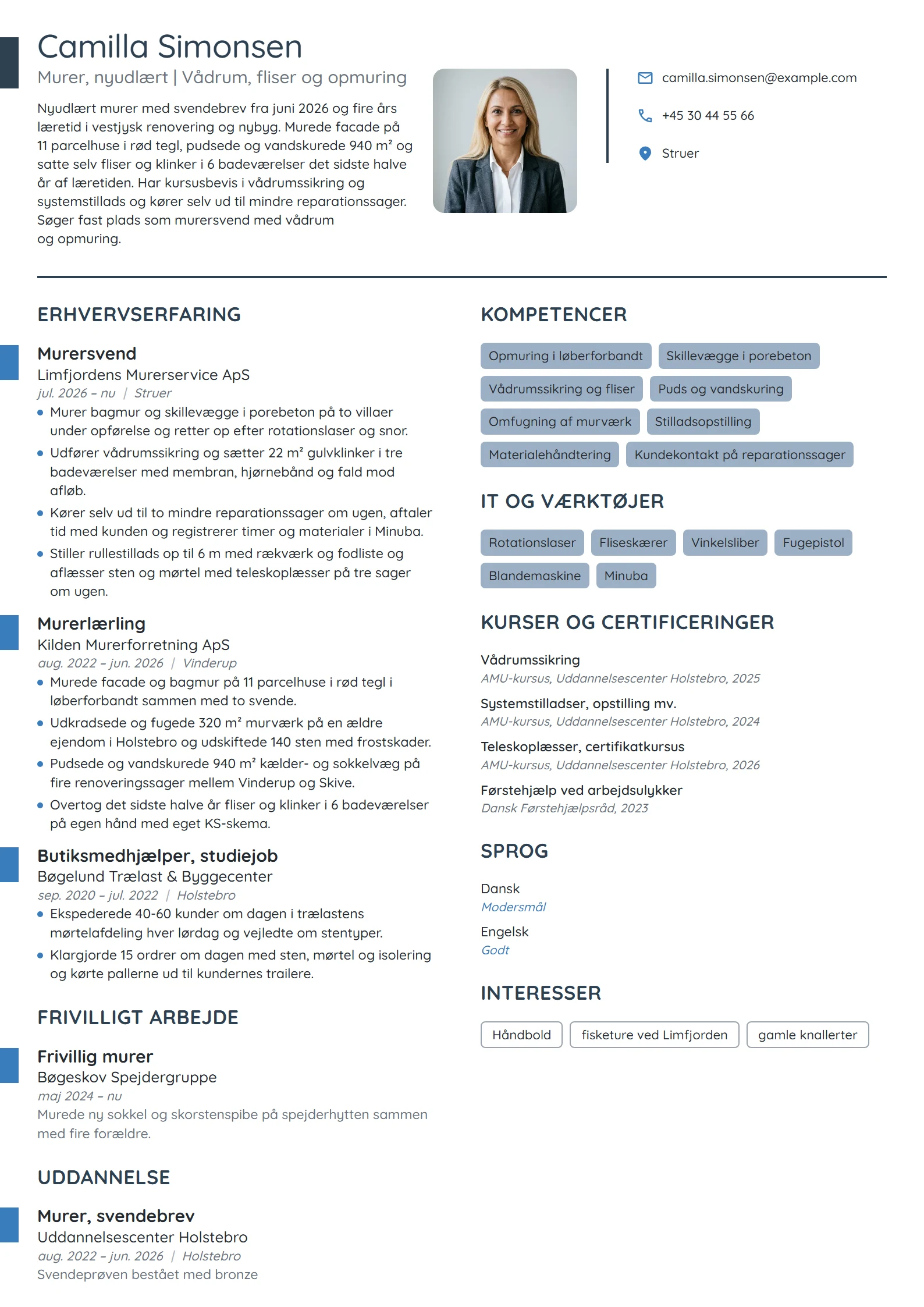 CV-eksempel til nyudlært murer med svendebrev