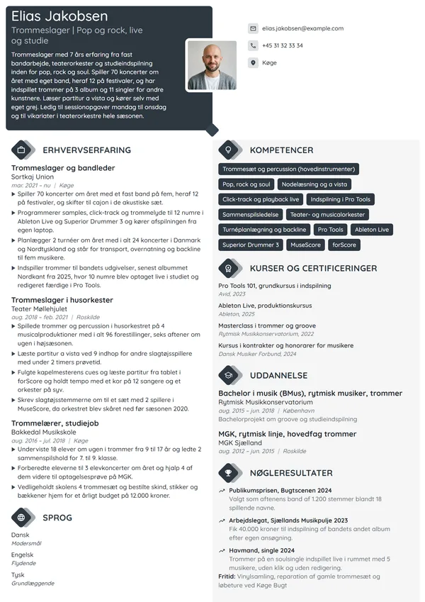 CV-eksempel til trommeslager i band og studie