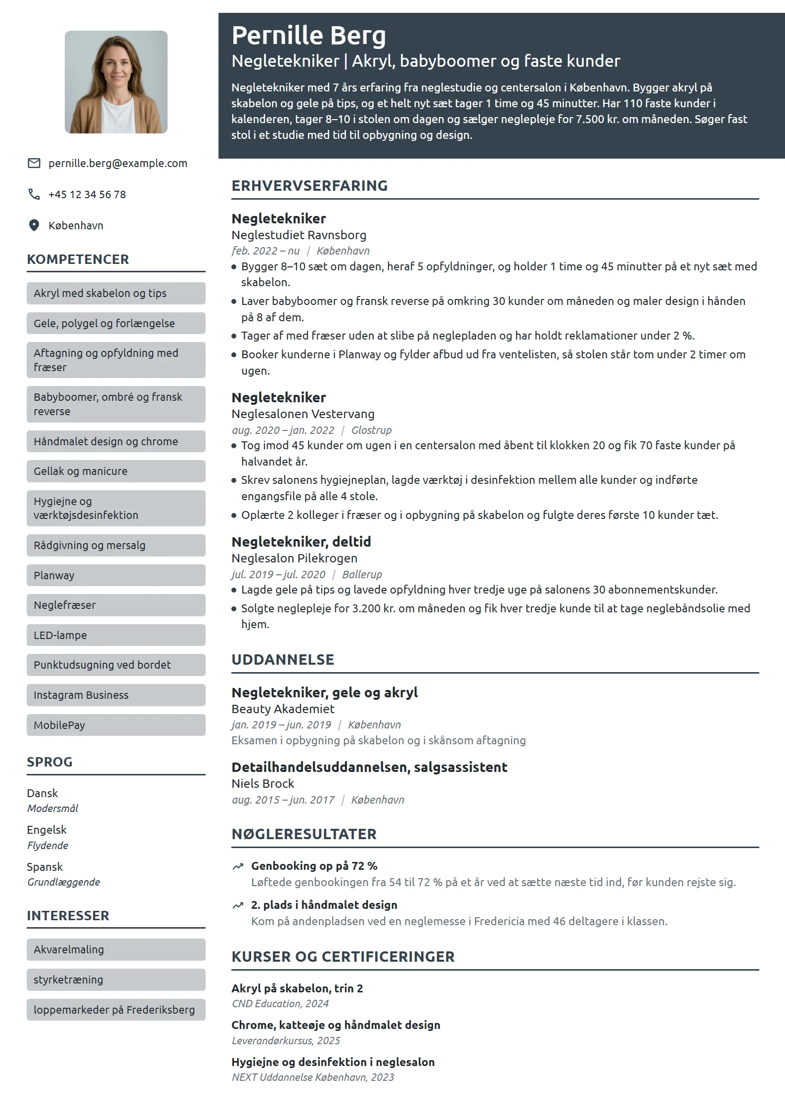 CV-eksempel til erfaren negletekniker i neglestudie