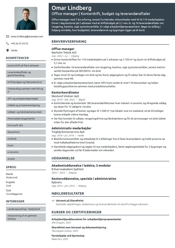 CV-eksempel til erfaren office manager, 2 adresser