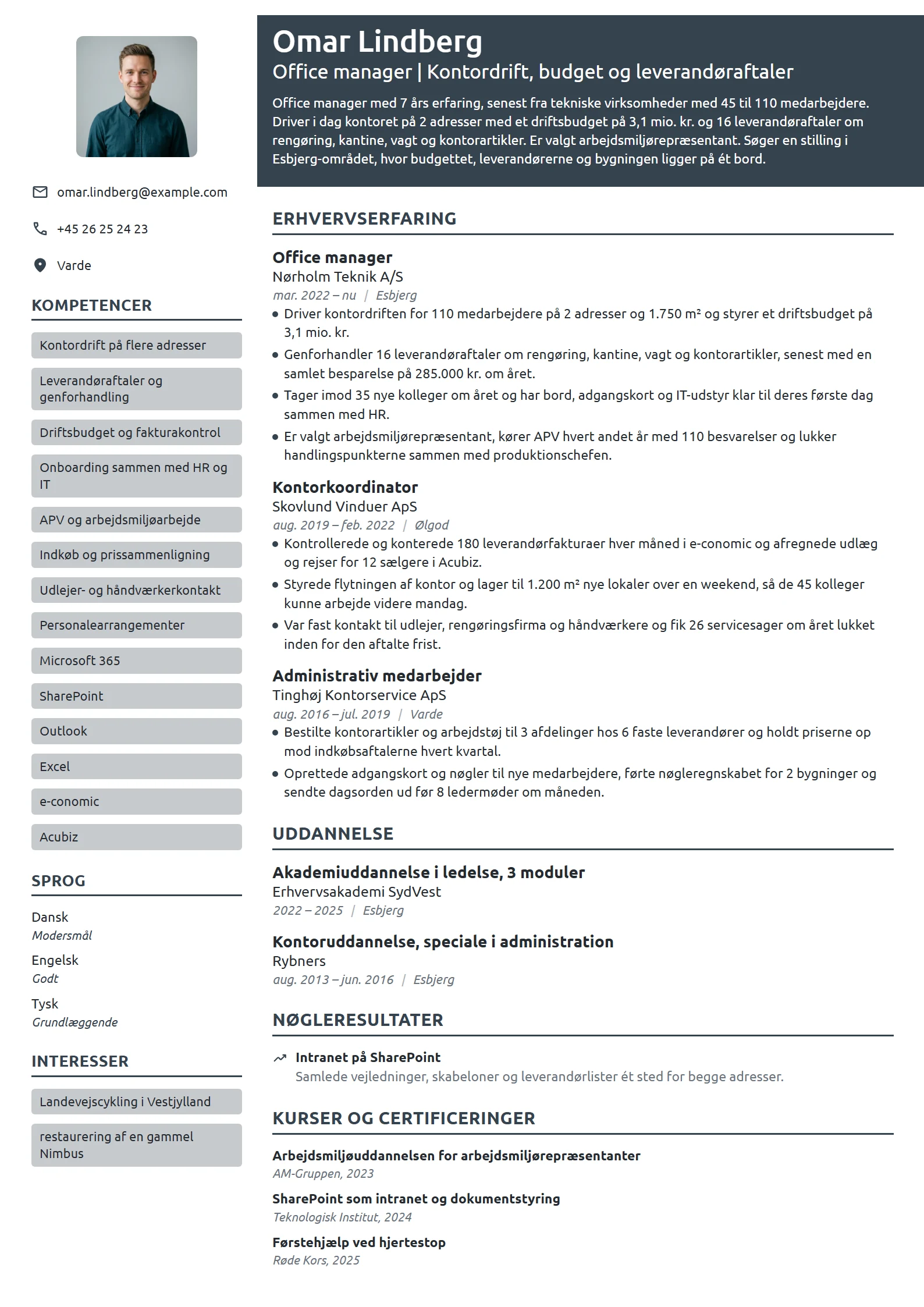 CV-eksempel til erfaren office manager, 2 adresser