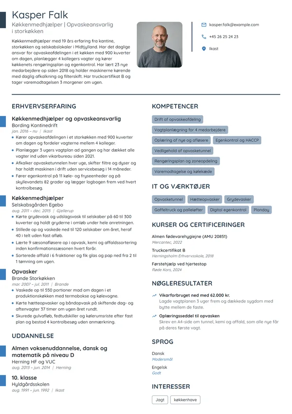 CV-eksempel til erfaren opvaskeansvarlig i storkøkken