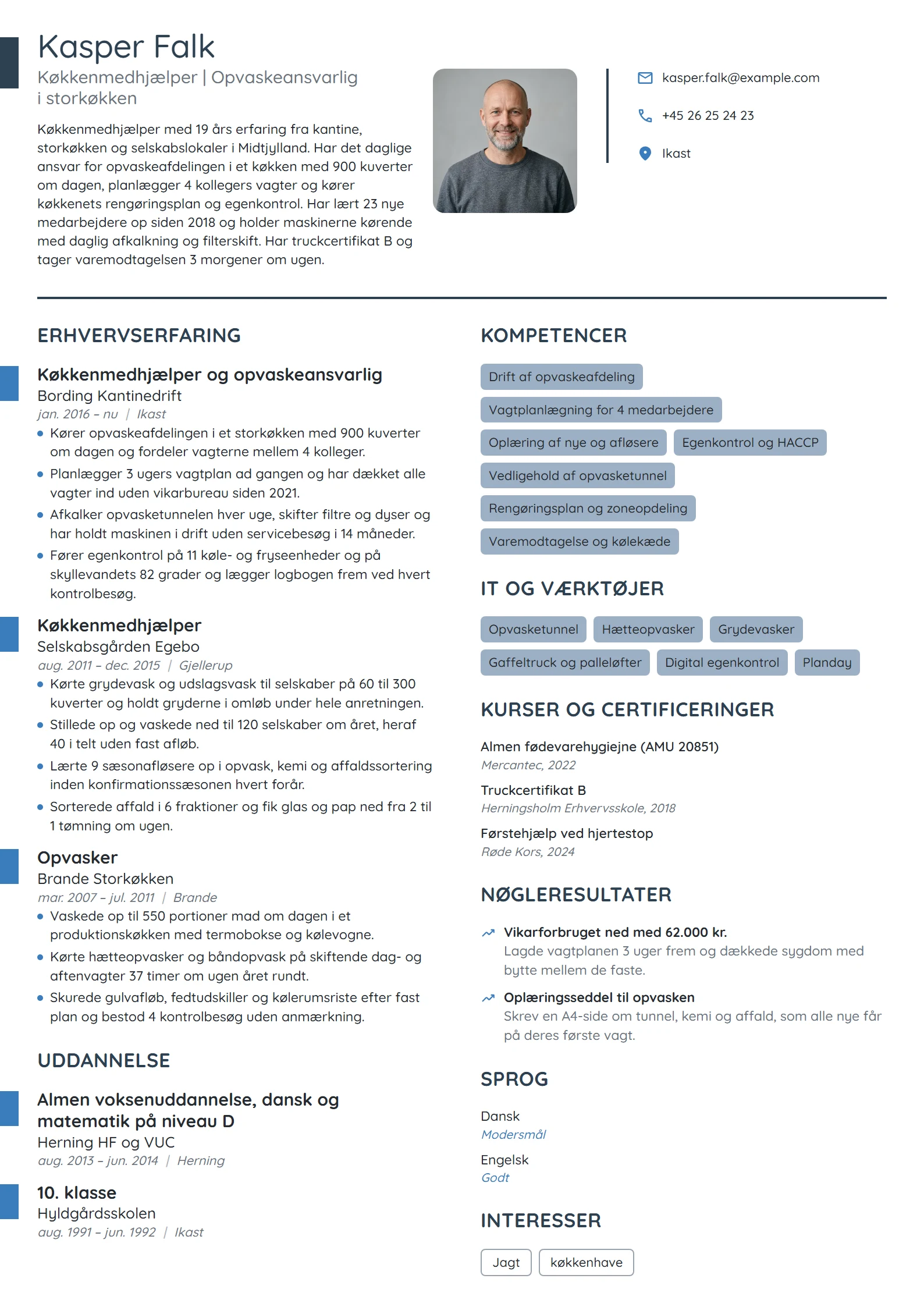 CV-eksempel til erfaren opvaskeansvarlig i storkøkken