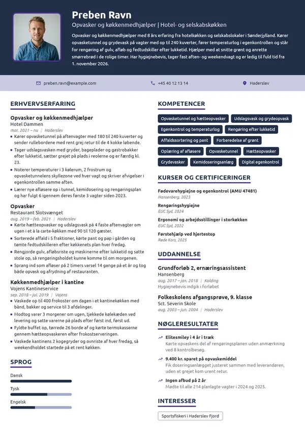 CV-eksempel til erfaren opvasker i hotelkøkken