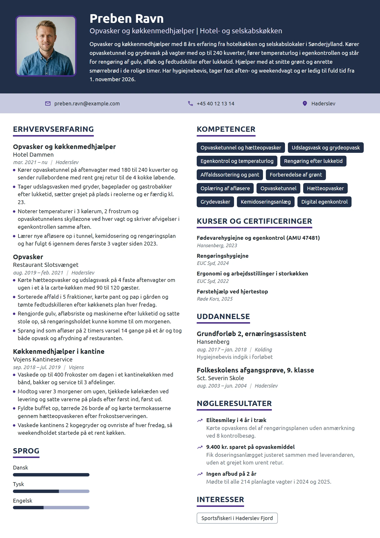 CV-eksempel til erfaren opvasker i hotelkøkken