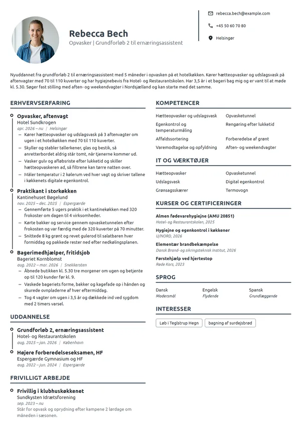 CV-eksempel til ny opvasker med praktik og fritidsjob