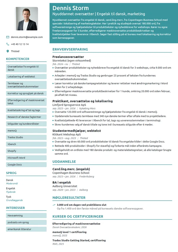 CV-eksempel til nyuddannet oversætter, engelsk