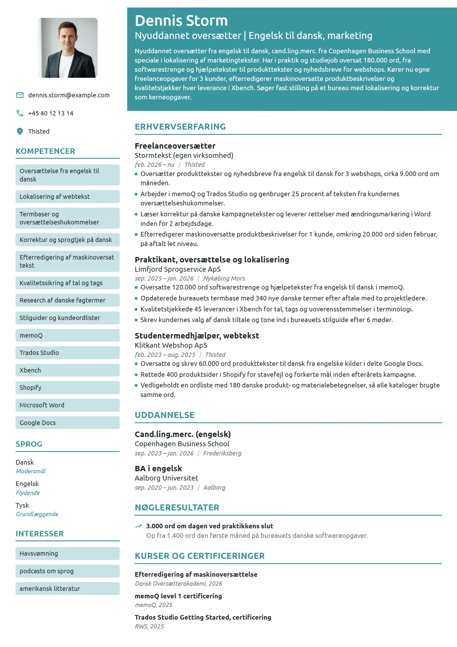 CV-eksempel til nyuddannet oversætter, engelsk