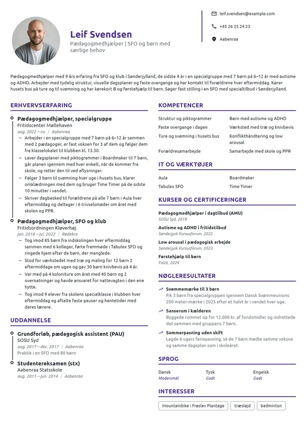 CV-eksempel til medhjælper i SFO og specialgruppe