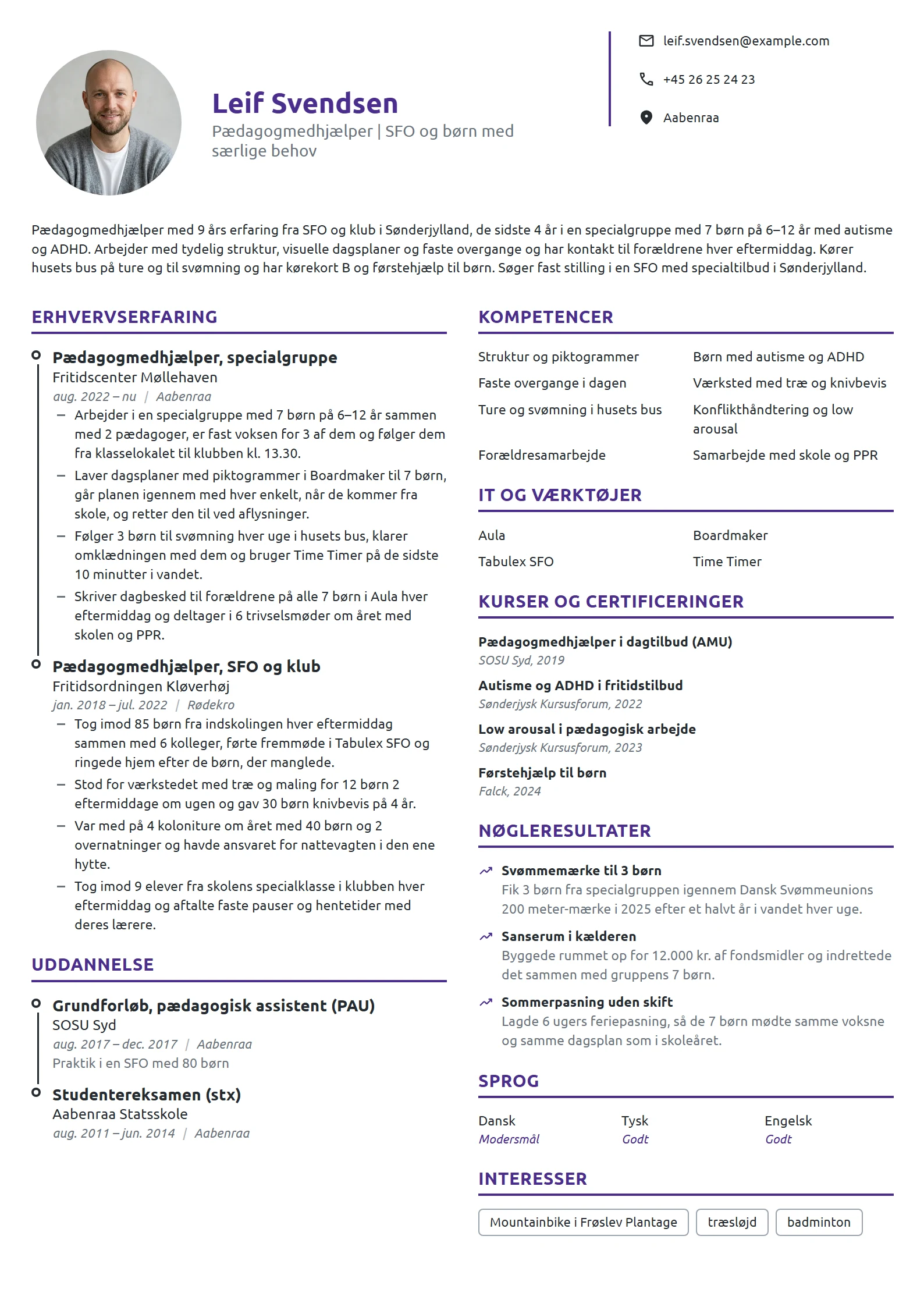 CV-eksempel til medhjælper i SFO og specialgruppe