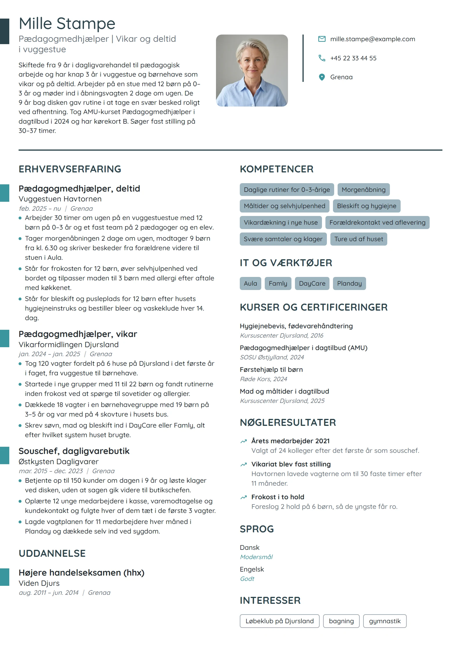 CV-eksempel til skift fra butik til vuggestue
