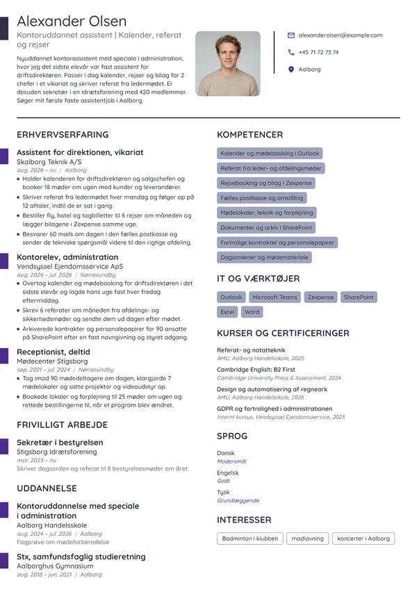 CV-eksempel til nyuddannet assistent efter elevtid