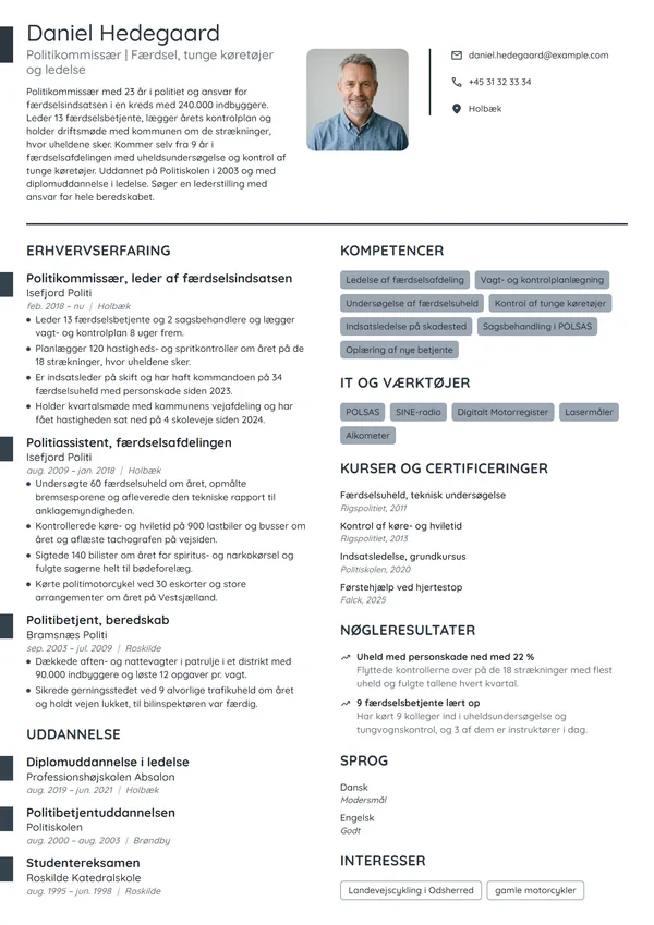 CV-eksempel til politikommissær i færdselsafdelingen