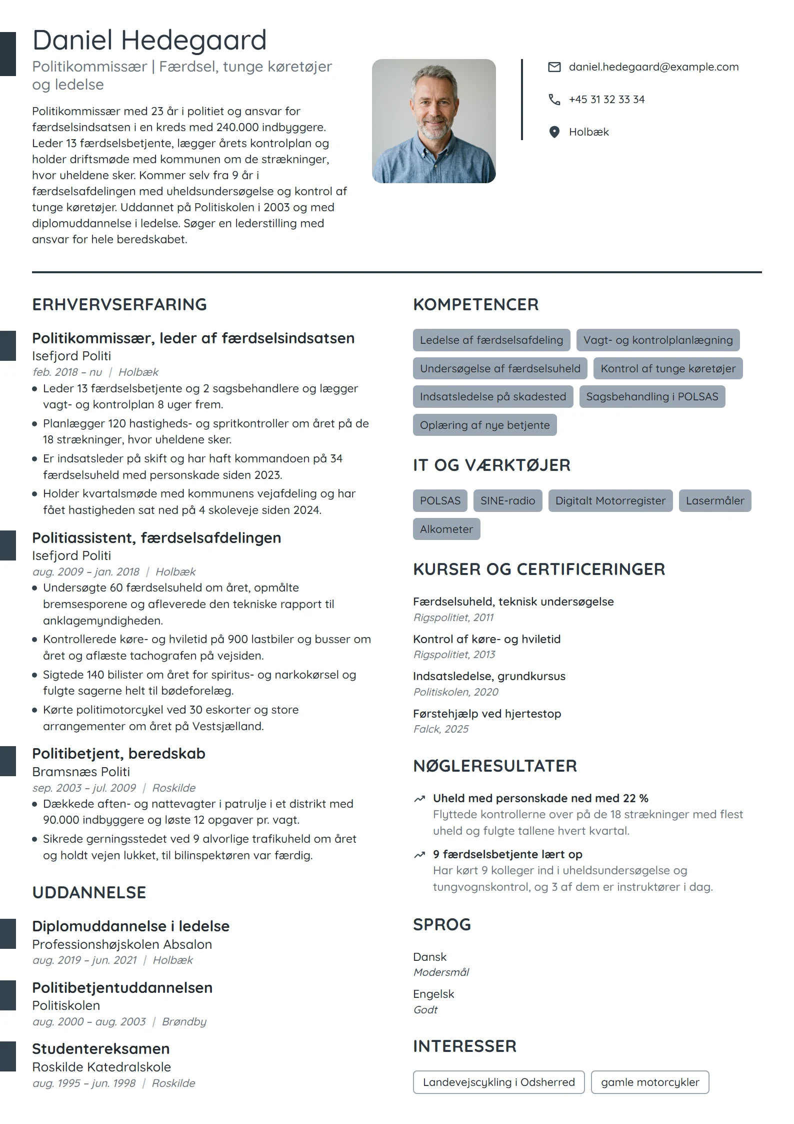 CV-eksempel til politikommissær i færdselsafdelingen