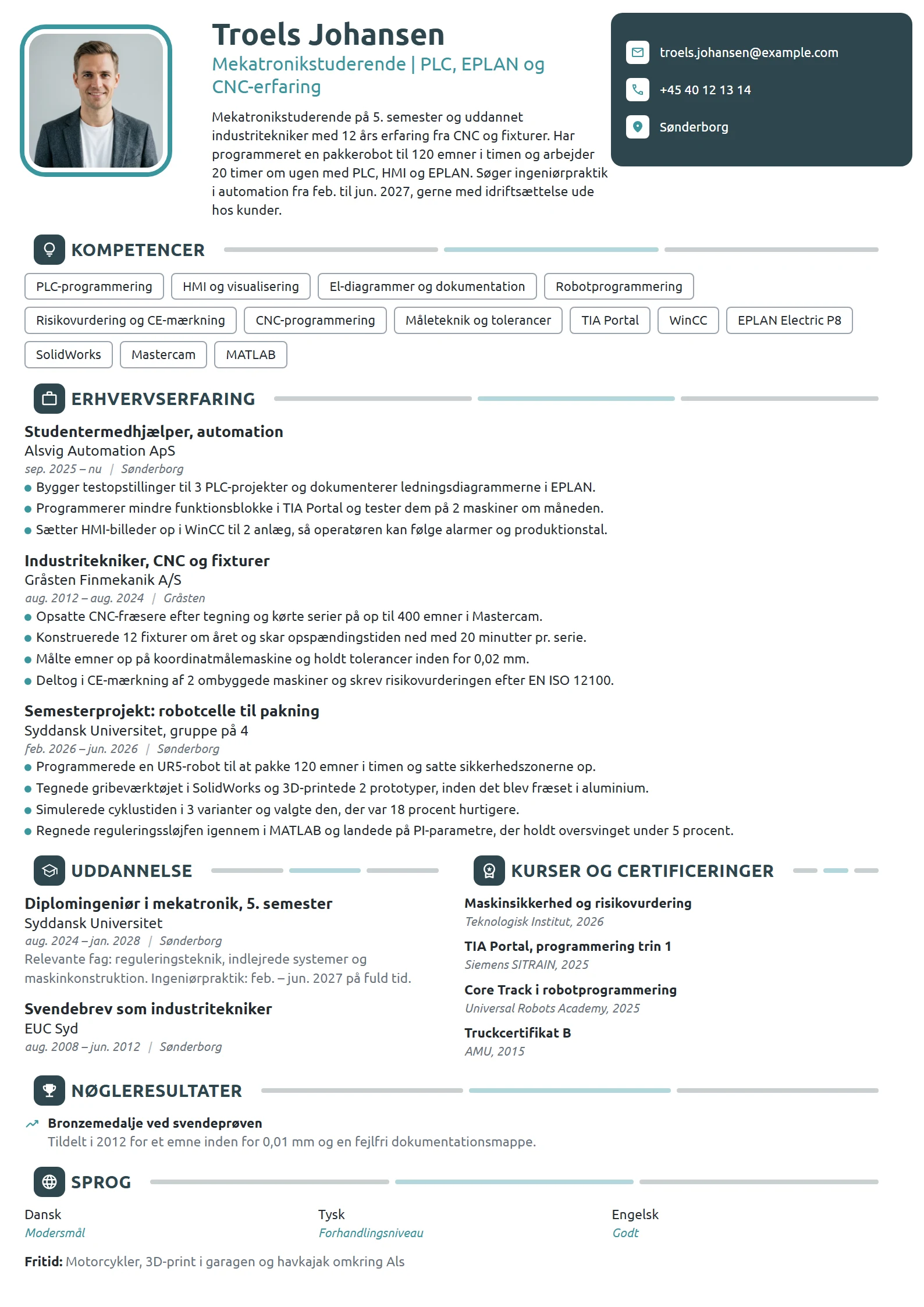 CV-eksempel til mekatronikstuderende i ingeniørpraktik