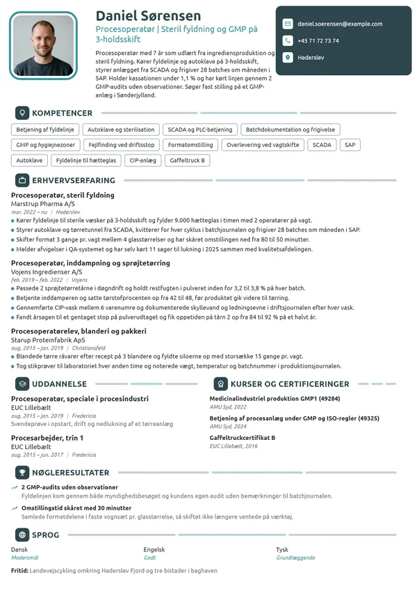 CV-eksempel til erfaren procesoperatør, steril fyldning