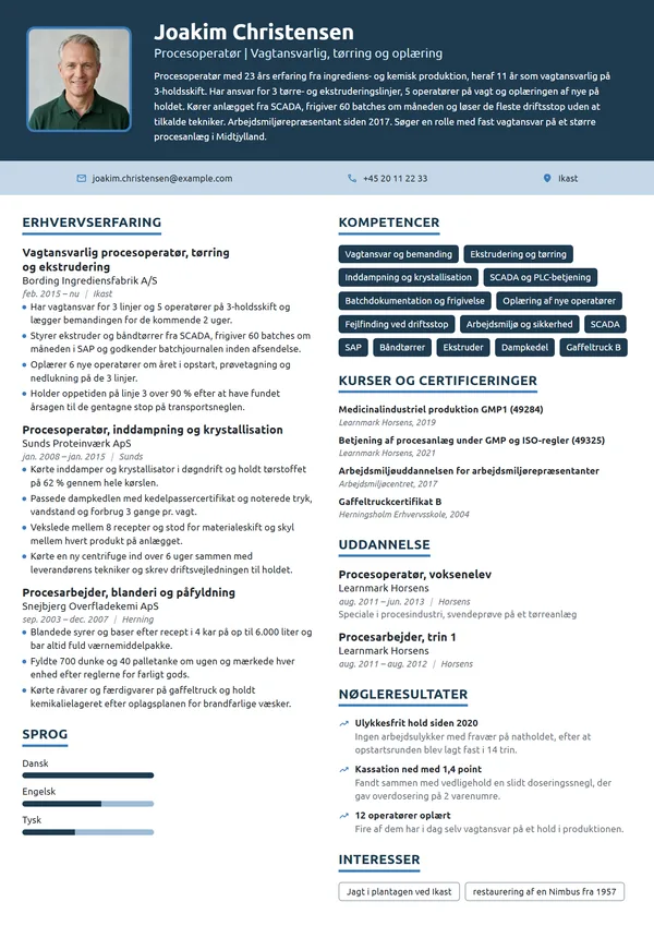 CV-eksempel til vagtansvarlig procesoperatør på tørring