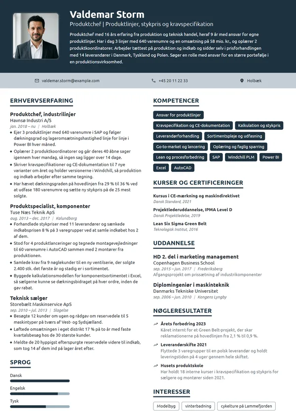 CV-eksempel til produktchef for 3 produktlinjer
