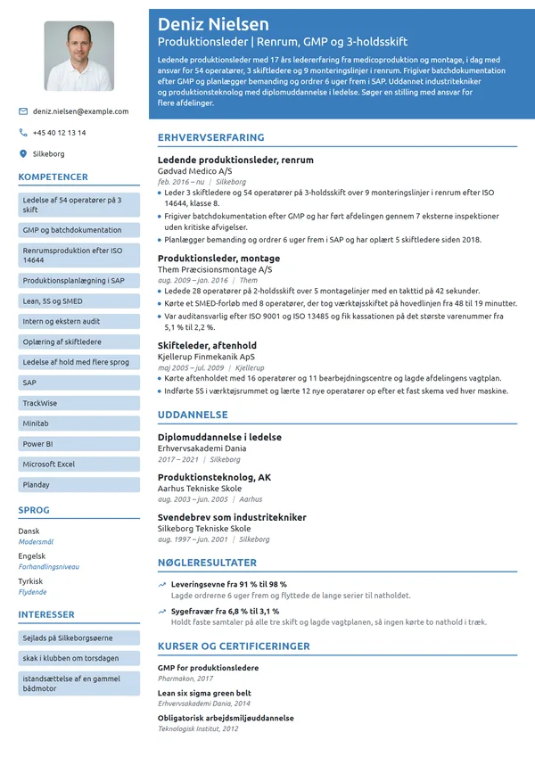 CV-eksempel til ledende produktionsleder i medico