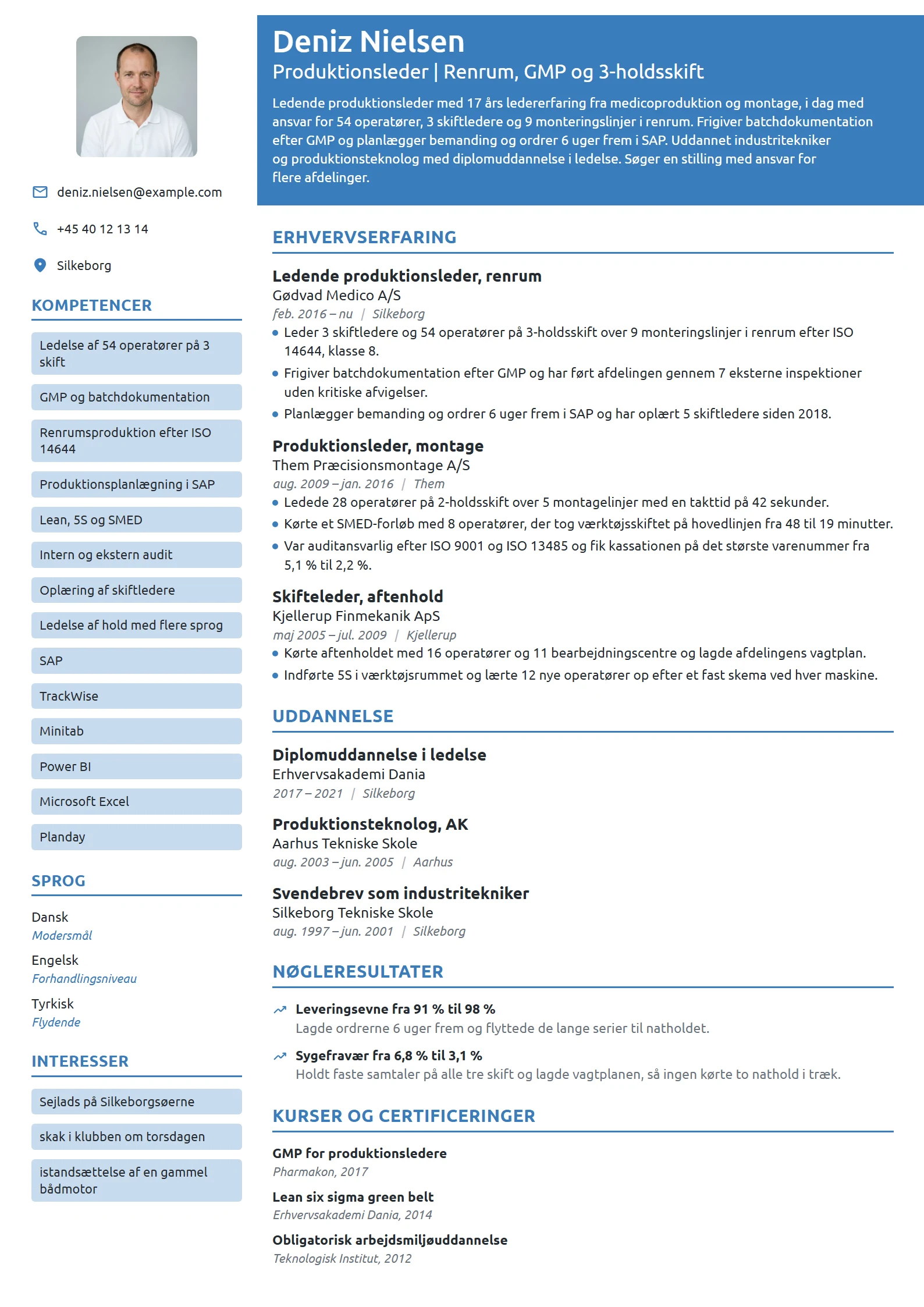 CV-eksempel til ledende produktionsleder i medico