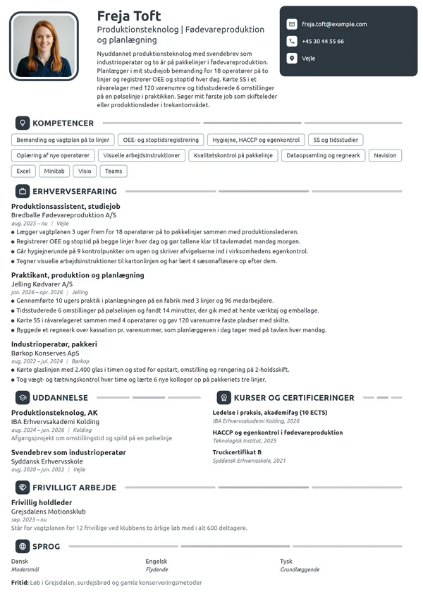 CV-eksempel til nyuddannet produktionsteknolog