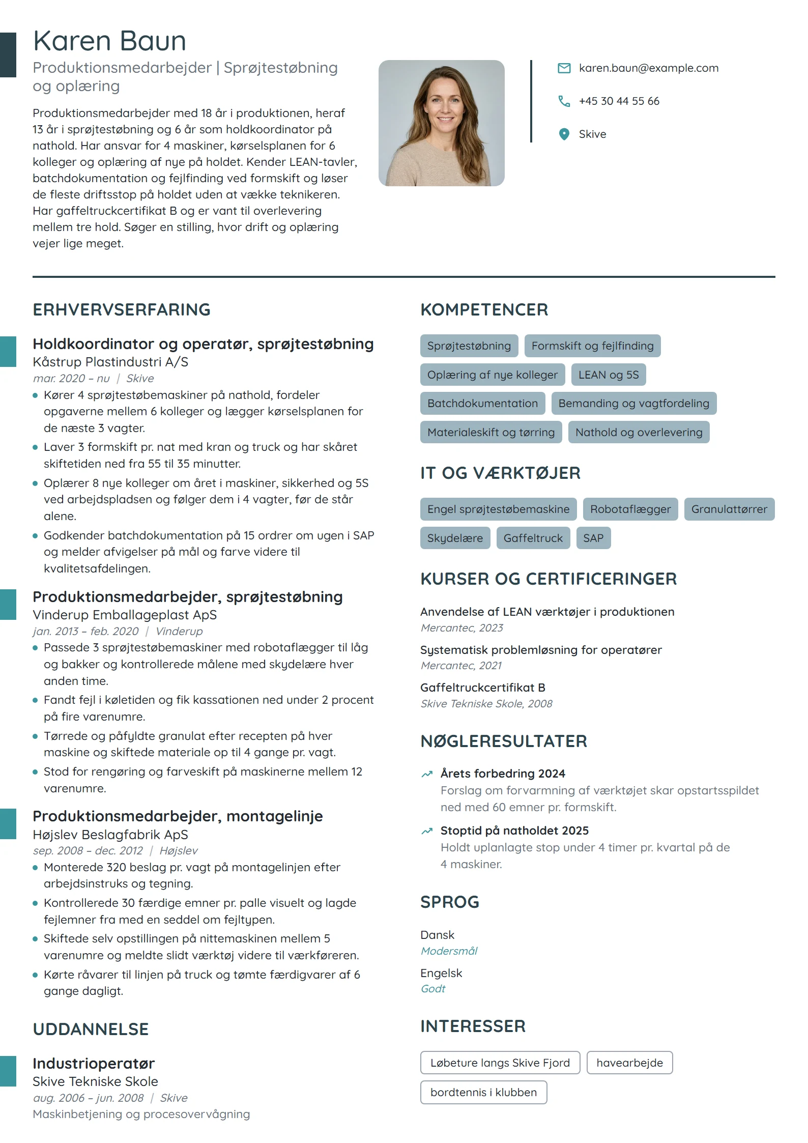 CV-eksempel til holdkoordinator i plastproduktion