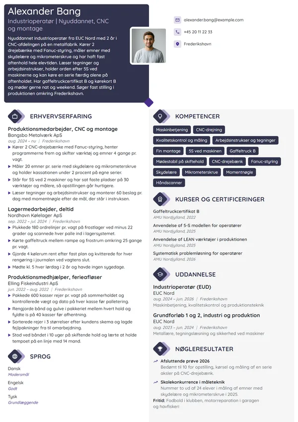 CV-eksempel til nyuddannet industrioperatør