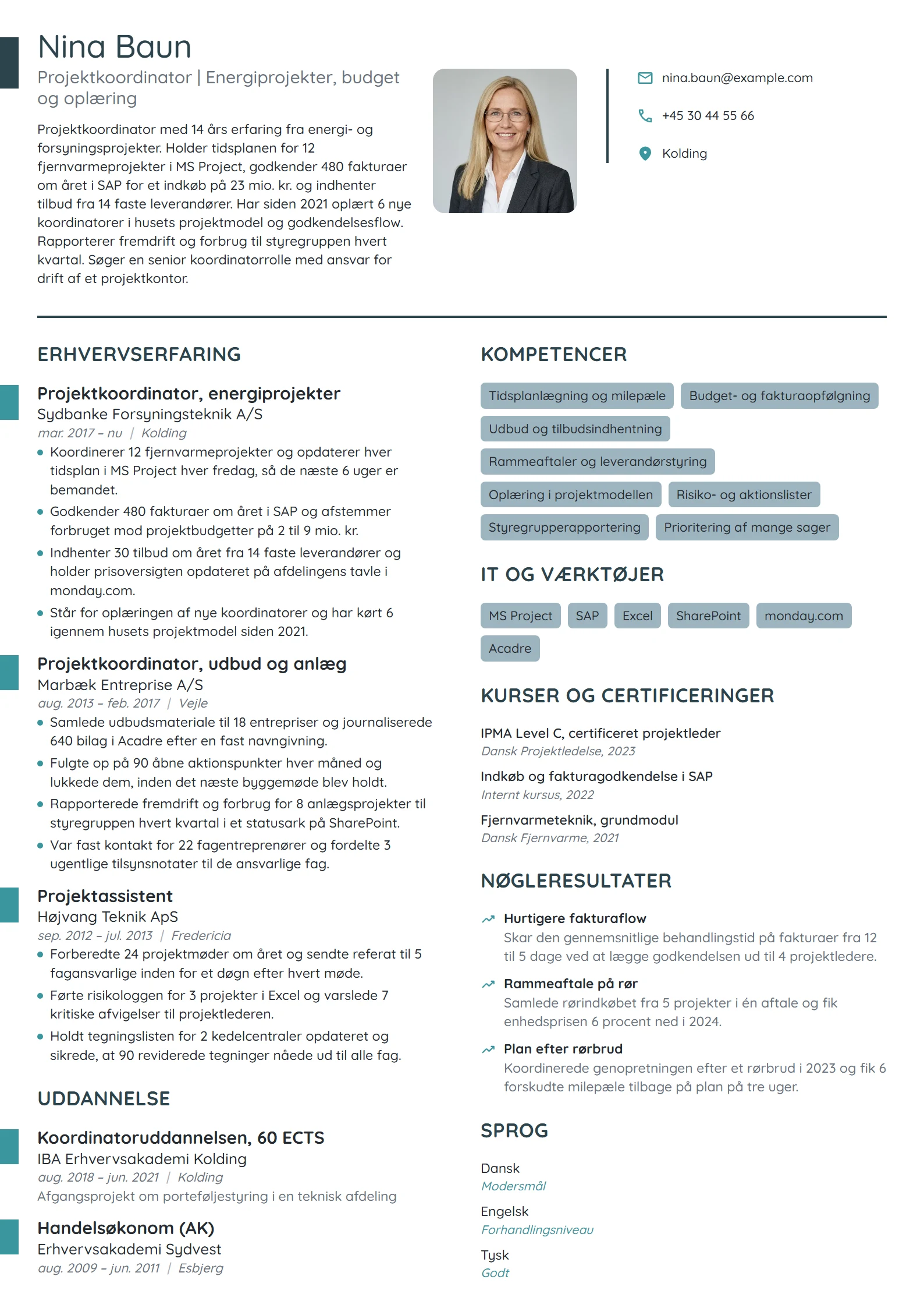 CV-eksempel til erfaren koordinator i energiprojekter