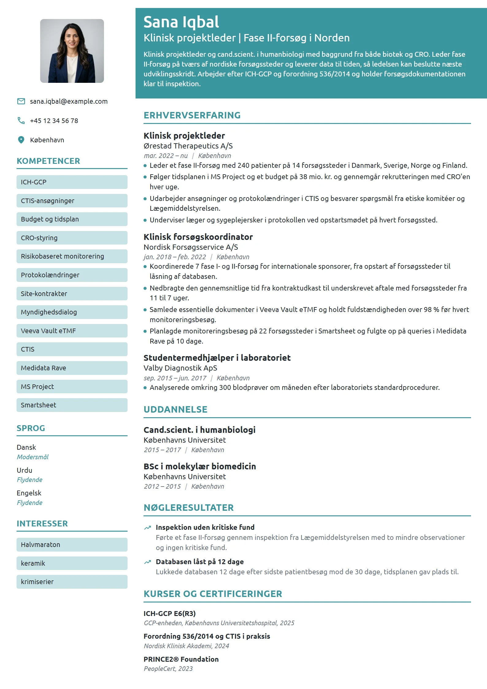 CV-eksempel til klinisk projektleder