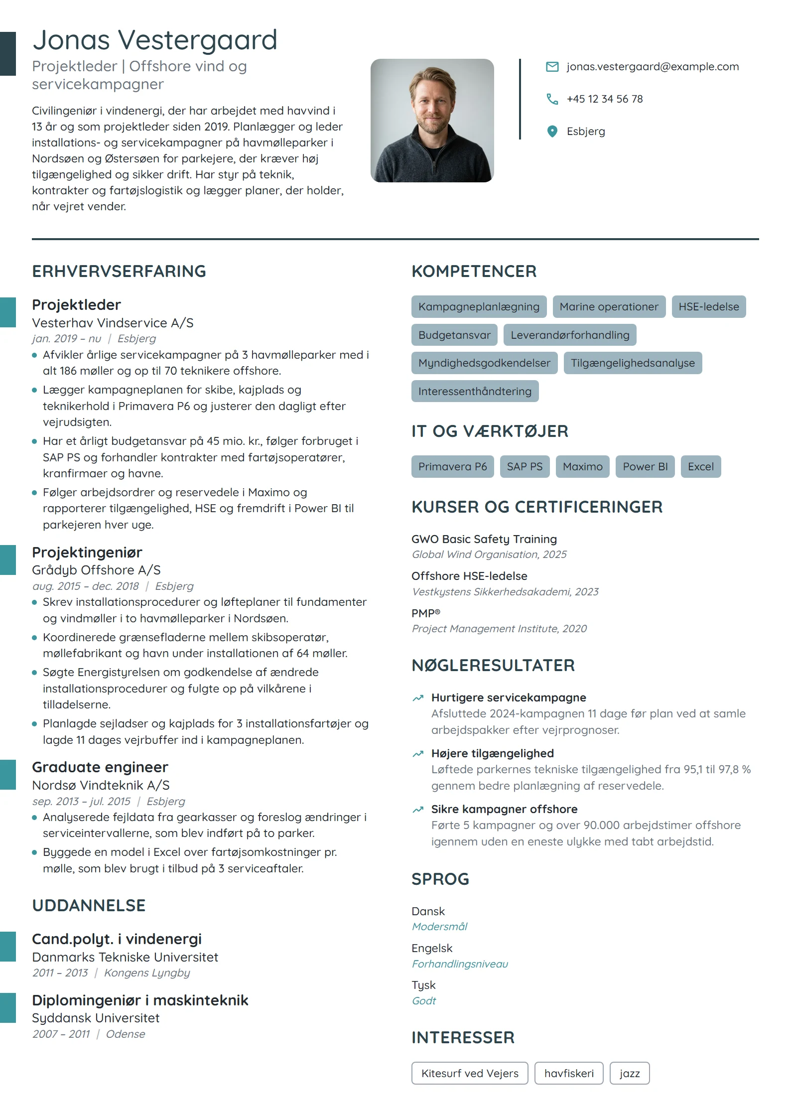 CV-eksempel til projektleder, vedvarende energi