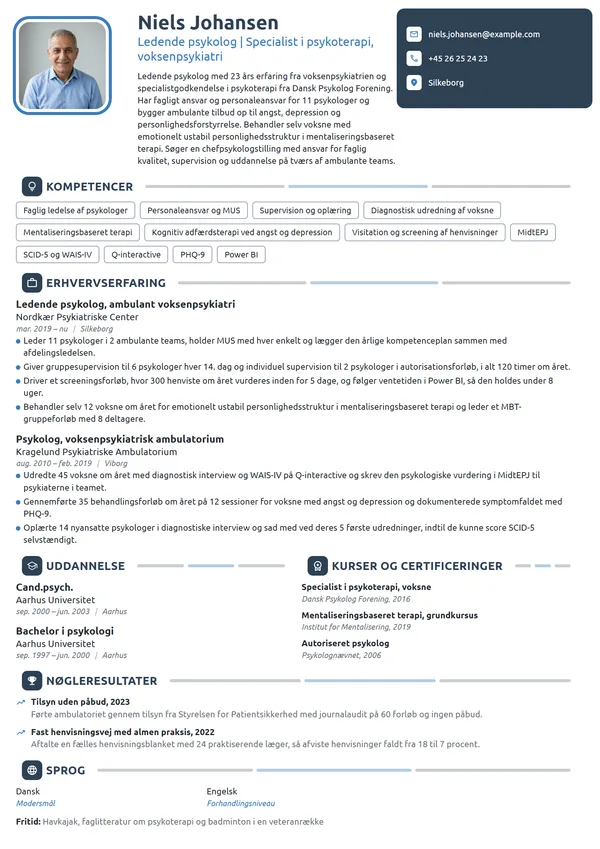 CV-eksempel til ledende psykolog i voksenpsykiatri