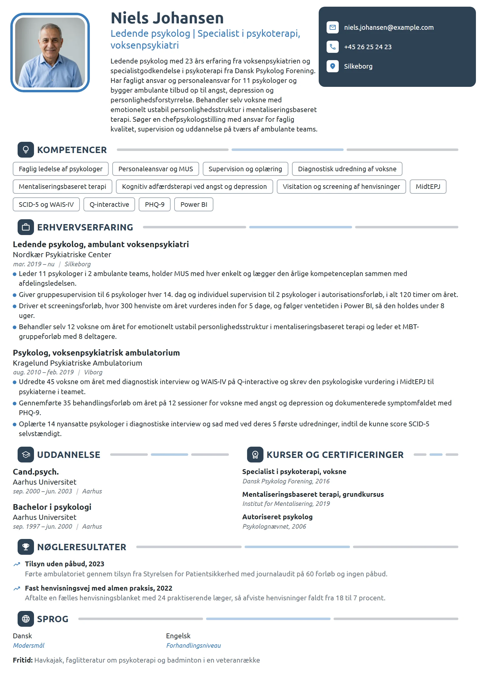 CV-eksempel til ledende psykolog i voksenpsykiatri