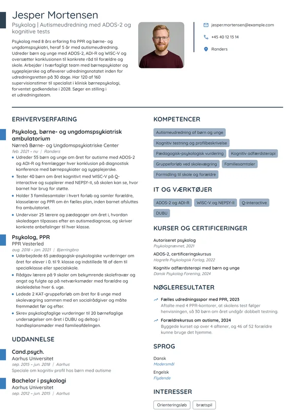 CV-eksempel til psykolog i børne- og ungdomspsykiatri