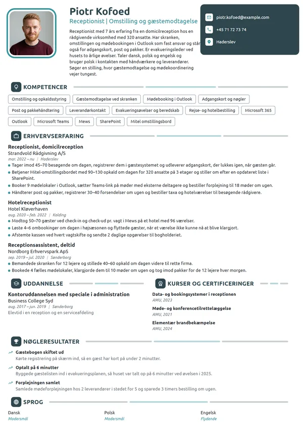 CV-eksempel til erfaren receptionist i kontorreception