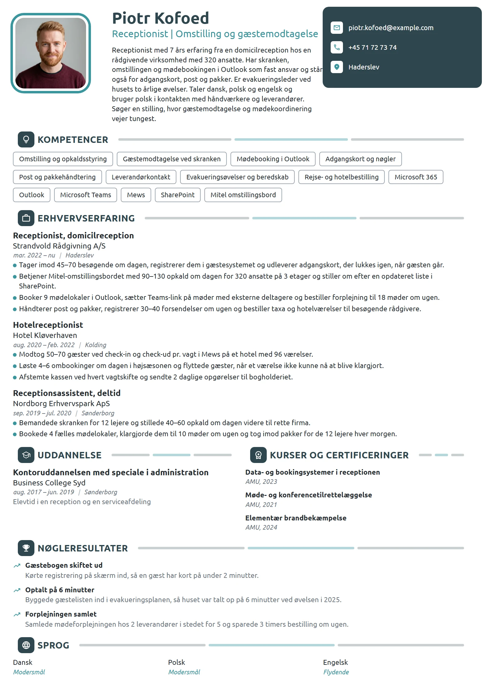 CV-eksempel til erfaren receptionist i kontorreception