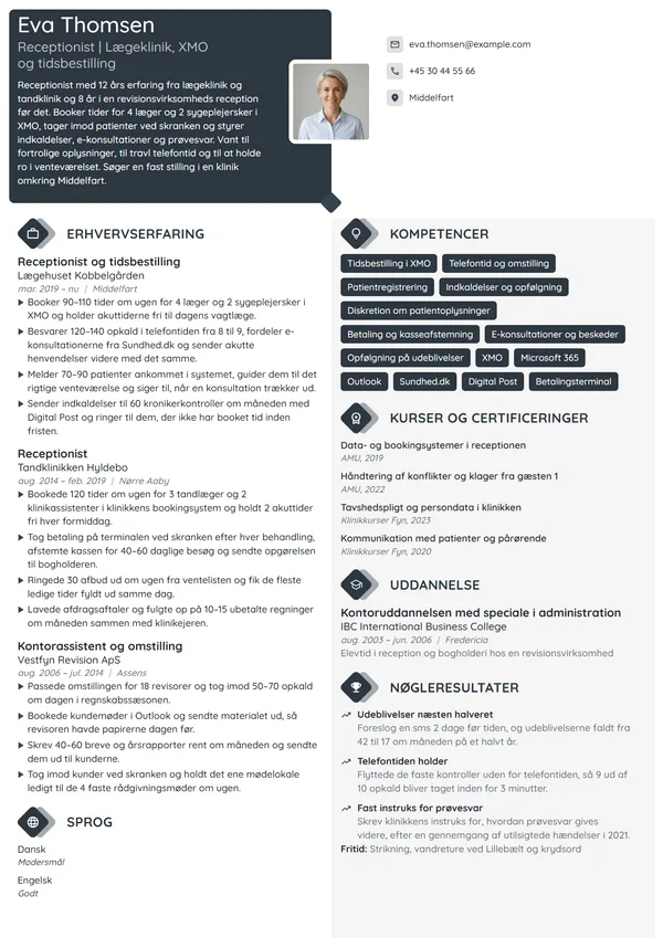 CV-eksempel til receptionist i lægeklinik