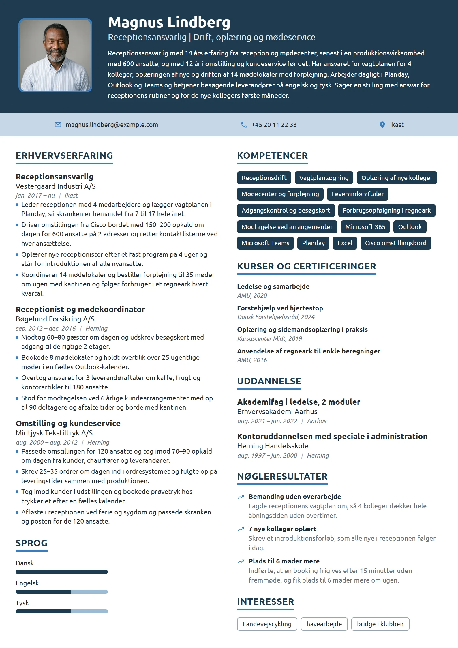 CV-eksempel til receptionsansvarlig med driftsansvar