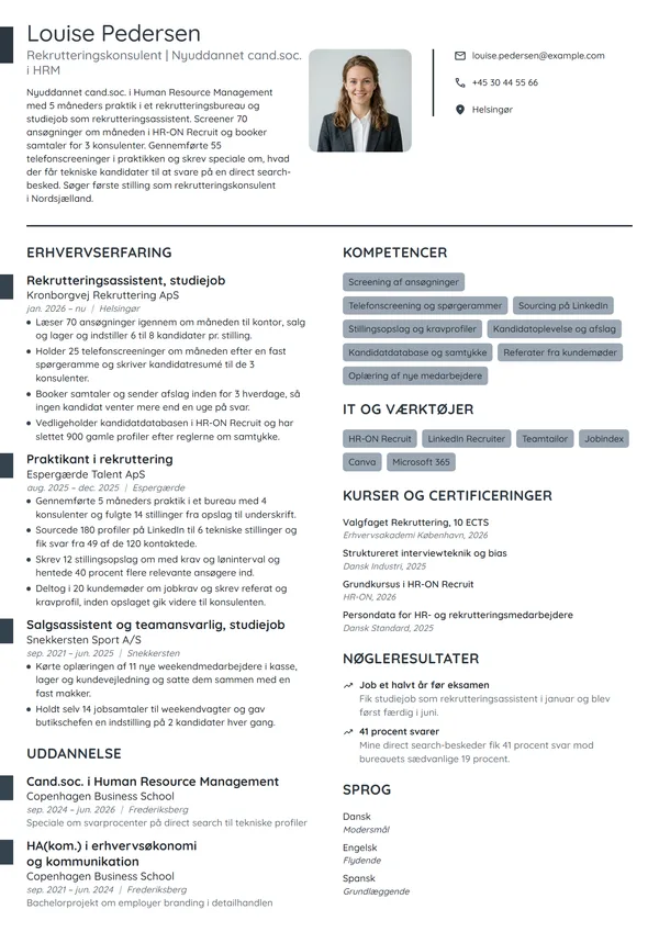 CV-eksempel til nyuddannet i rekruttering, cand.soc.