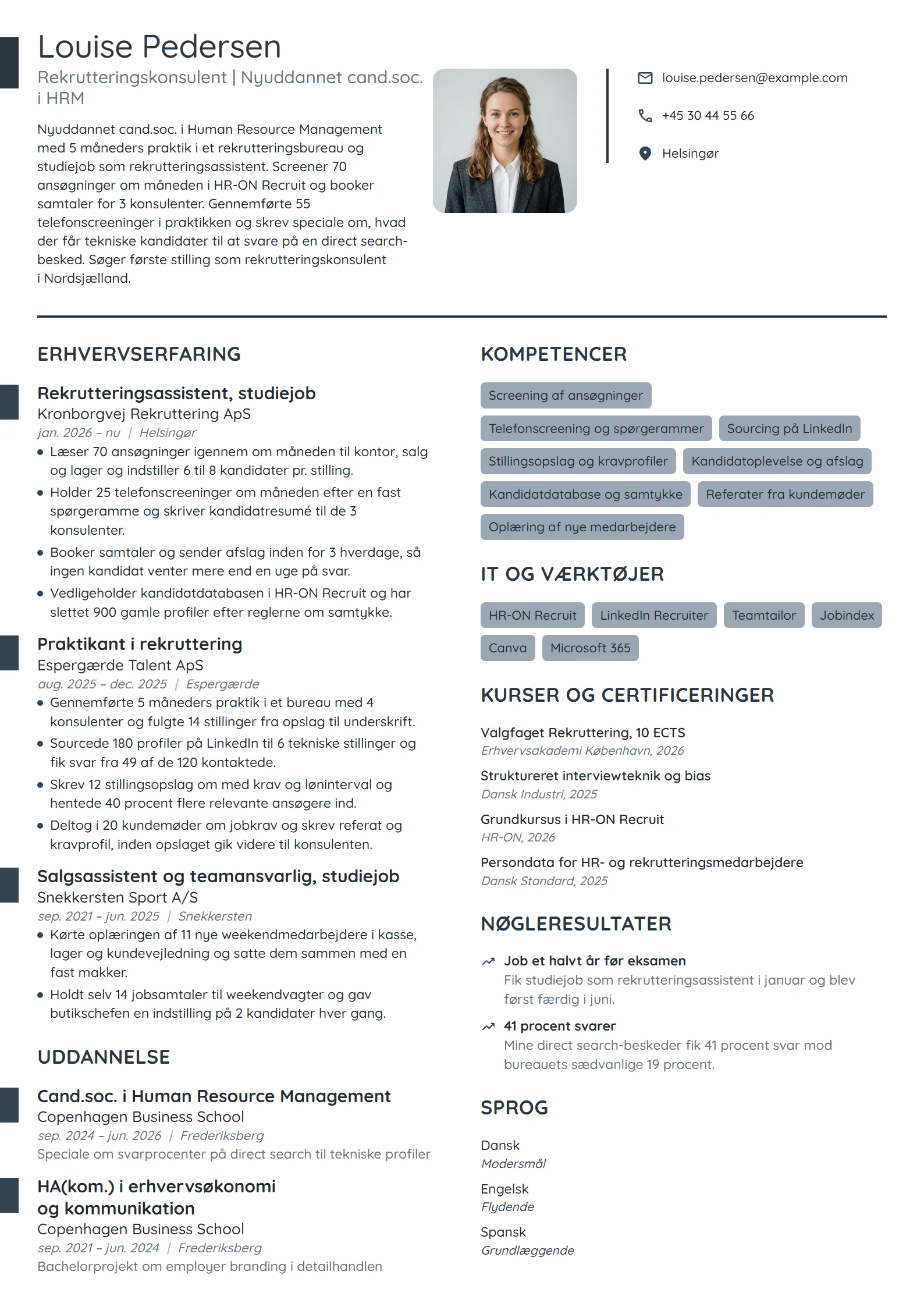 CV-eksempel til nyuddannet i rekruttering, cand.soc.