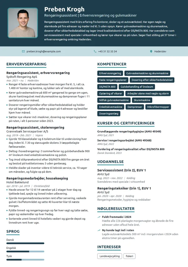 CV-eksempel til erfaren rengøring på kontor og skole