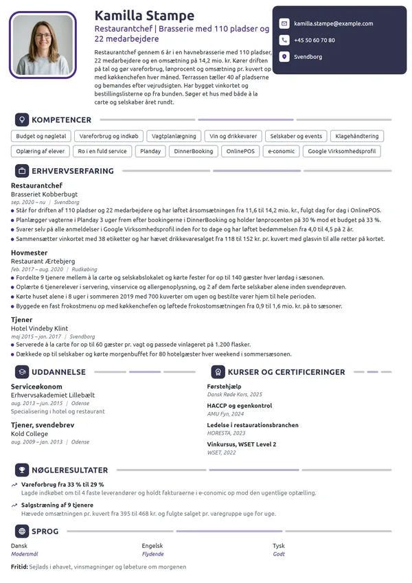 CV-eksempel til restaurantchef, brasserie med 110 pladser