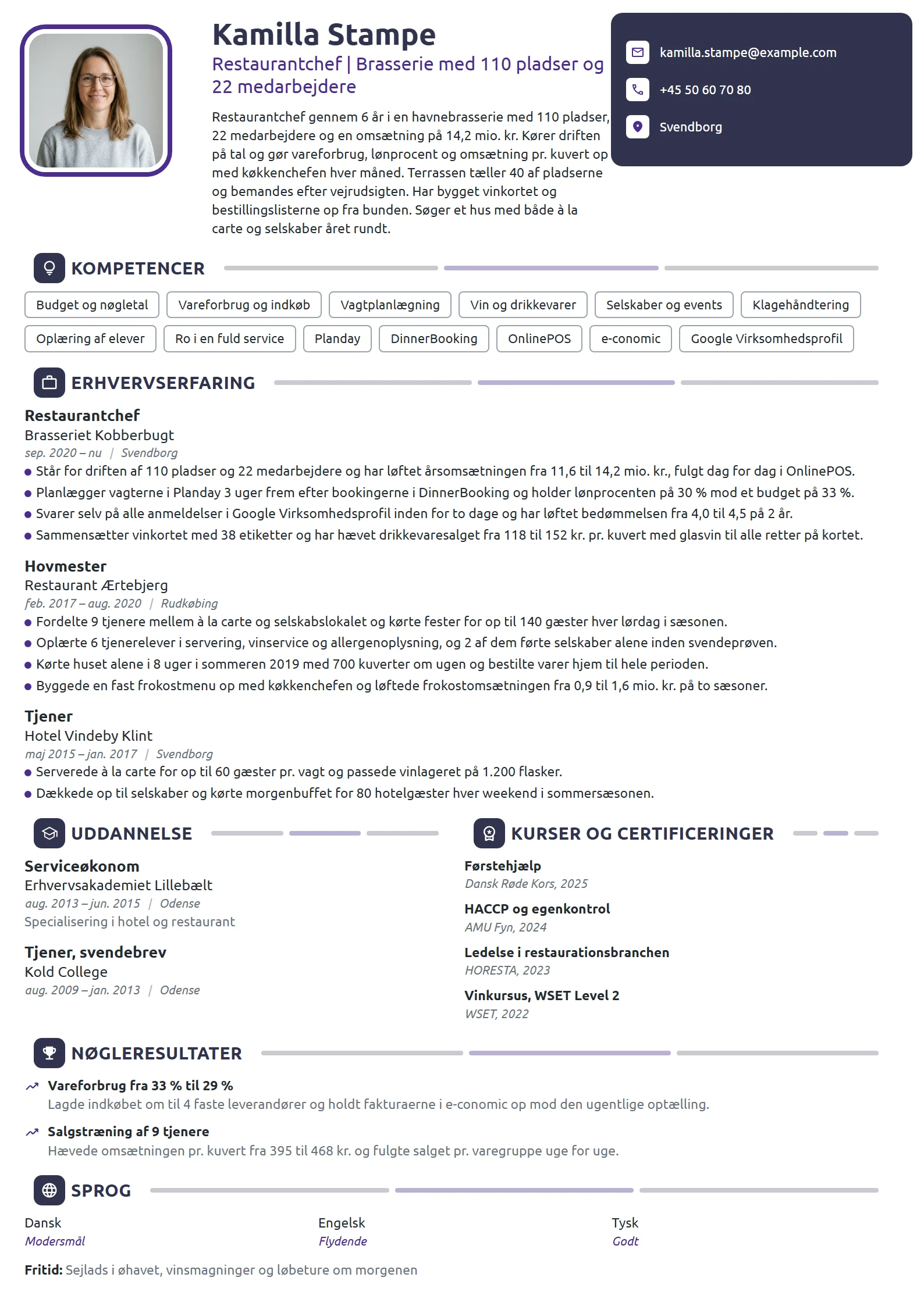 CV-eksempel til restaurantchef, brasserie med 110 pladser