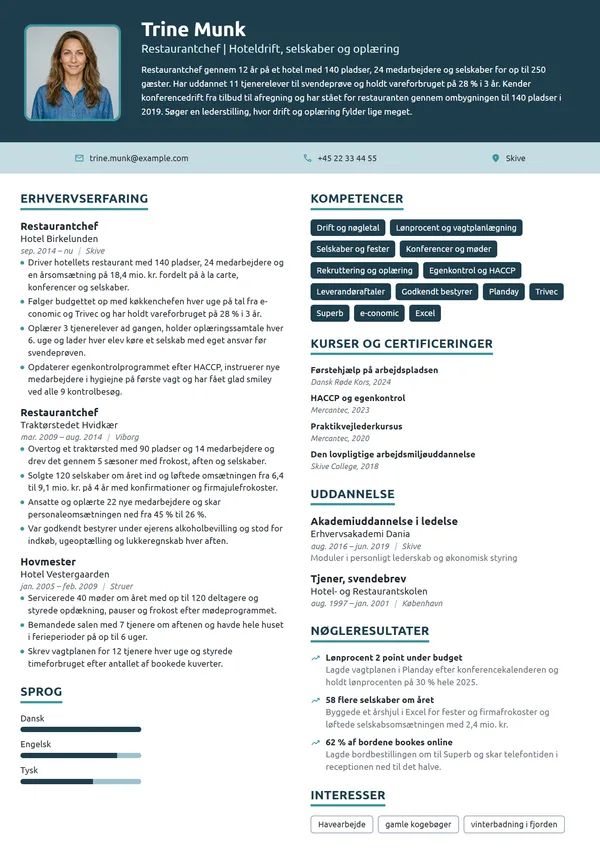 CV-eksempel til restaurantchef med drifts- og elevansvar