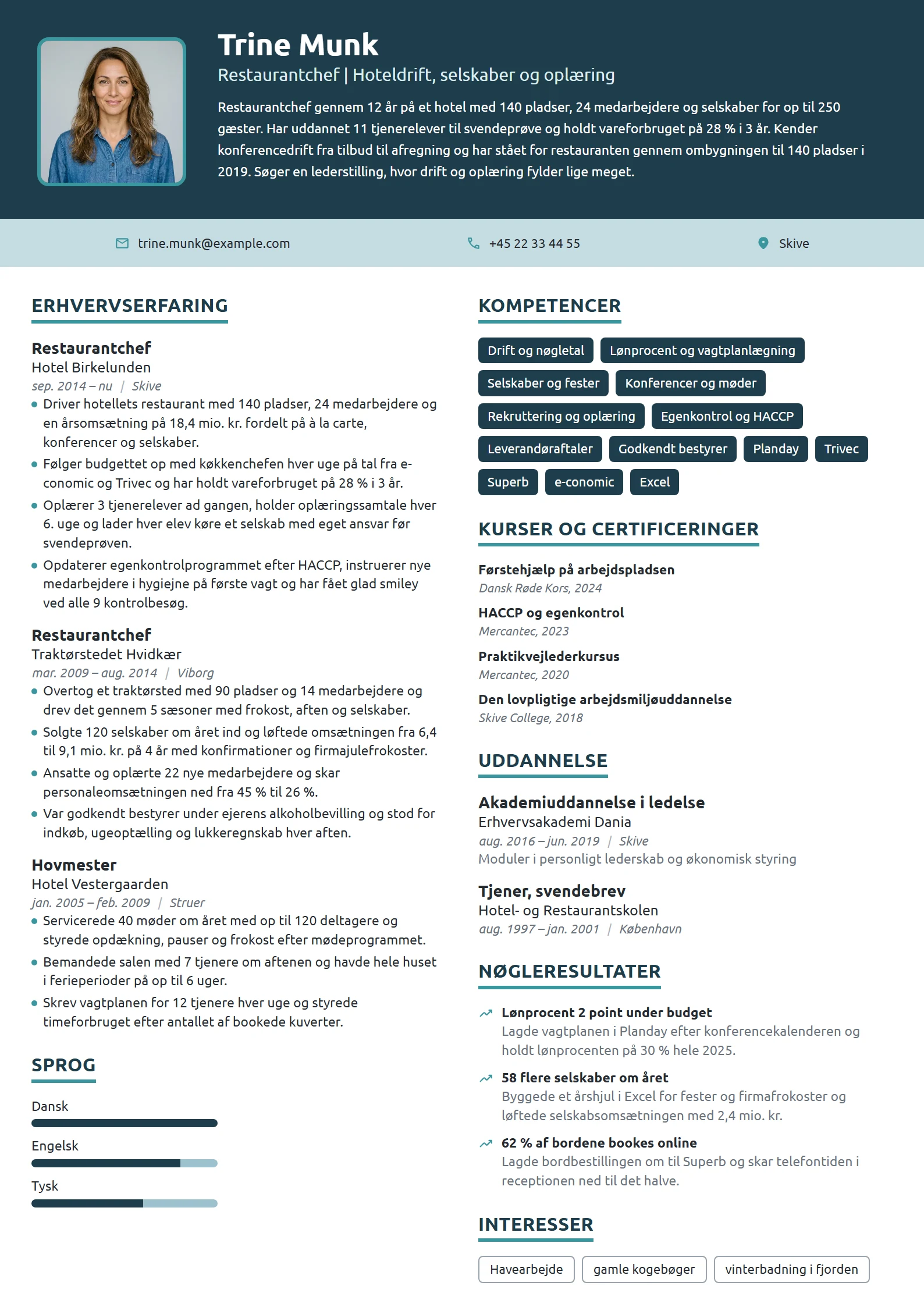 CV-eksempel til restaurantchef med drifts- og elevansvar
