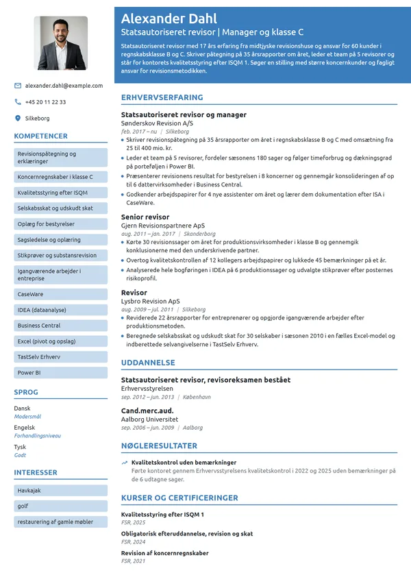 CV-eksempel til statsautoriseret revisor og manager
