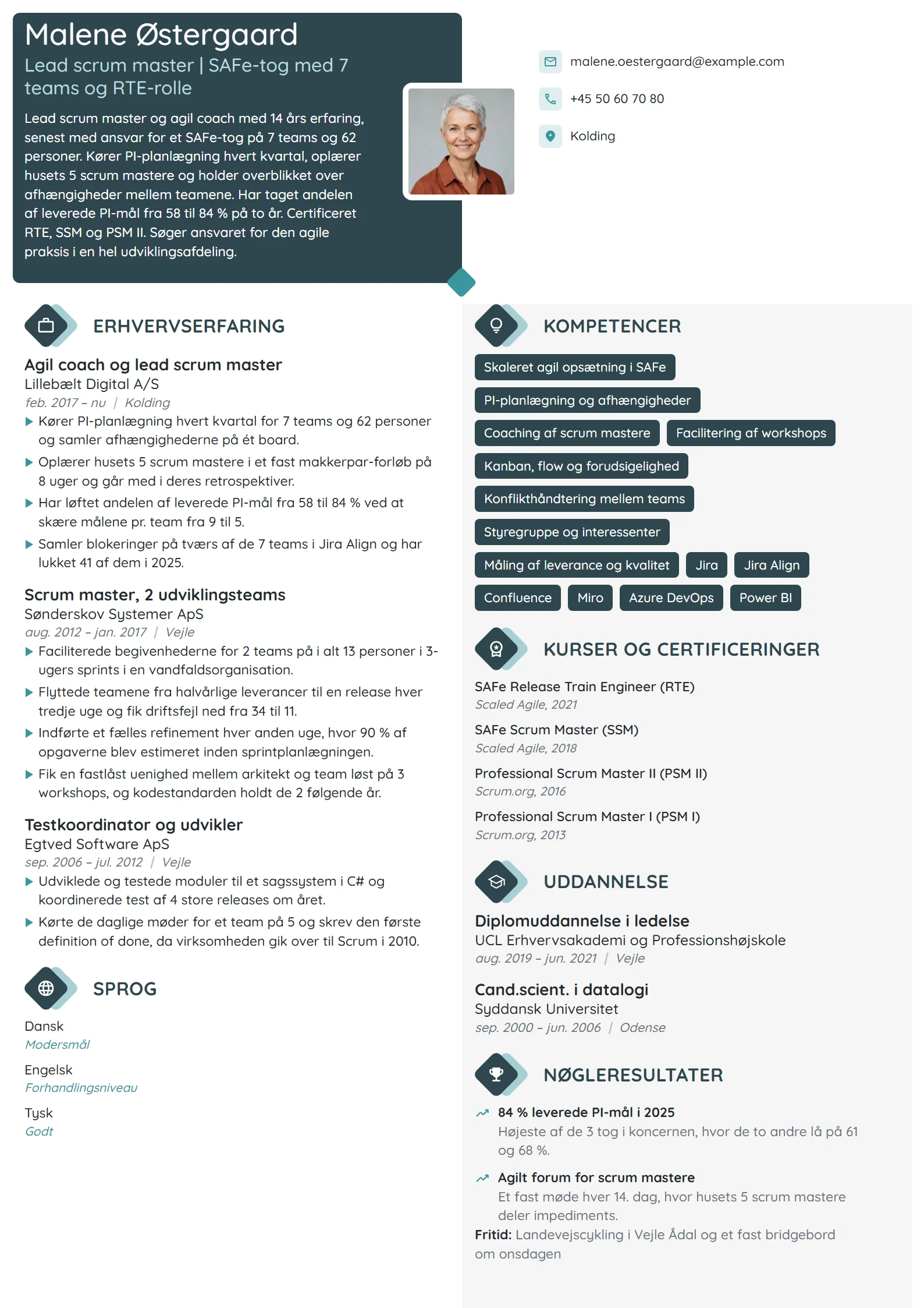 CV-eksempel til lead scrum master med 14 års erfaring