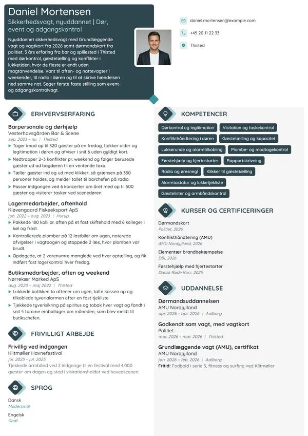 CV-eksempel til nyuddannet vagt med barerfaring