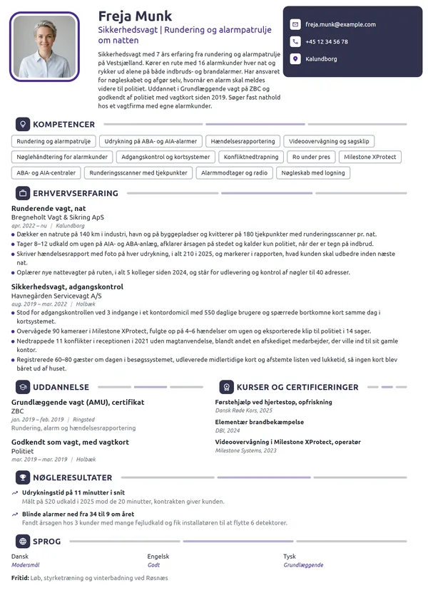 CV-eksempel til runderende vagt og alarmpatrulje
