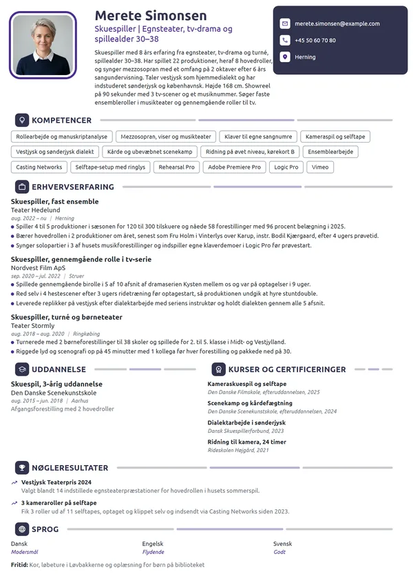 CV-eksempel til erfaren skuespiller på egnsteater