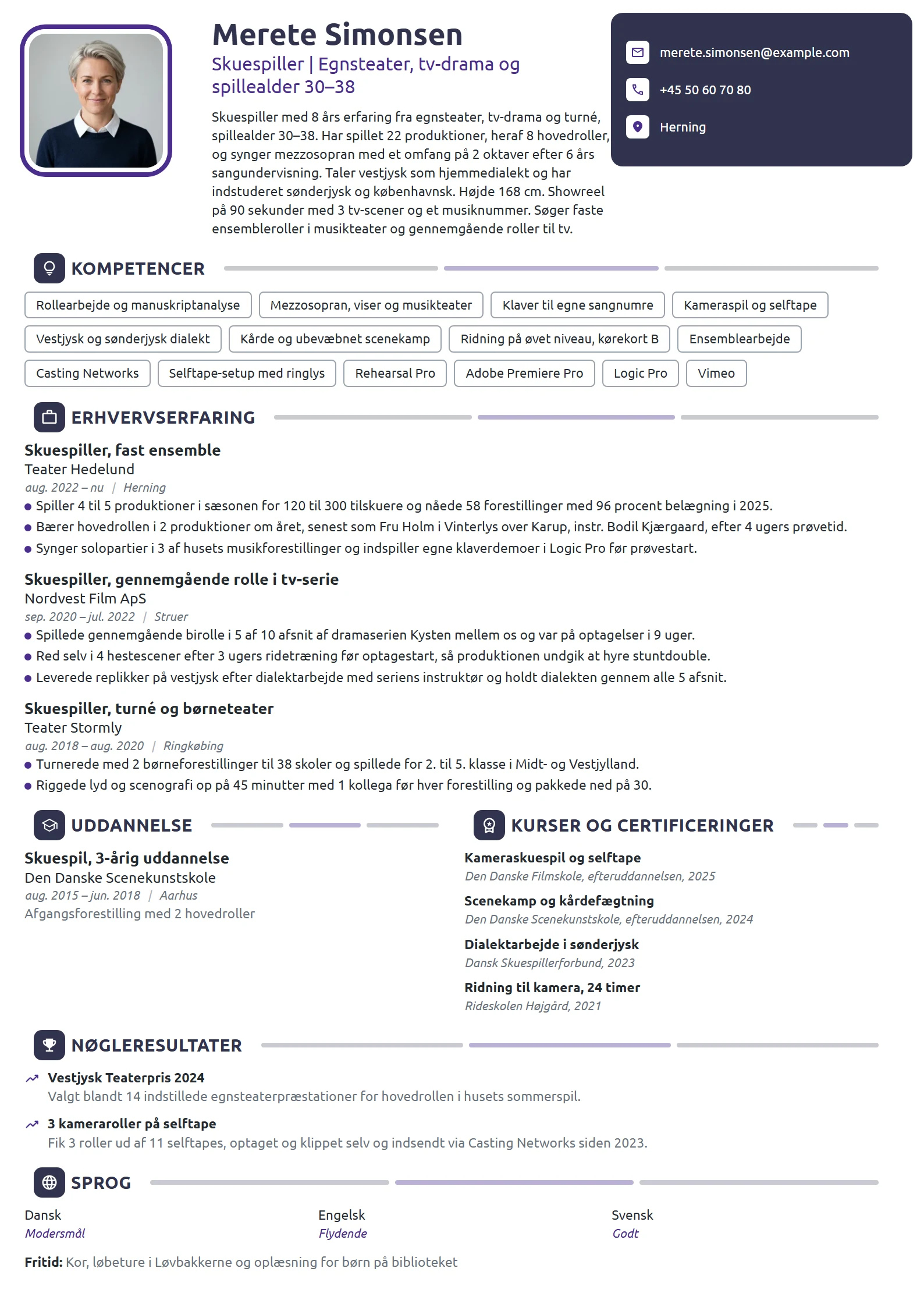 CV-eksempel til erfaren skuespiller på egnsteater